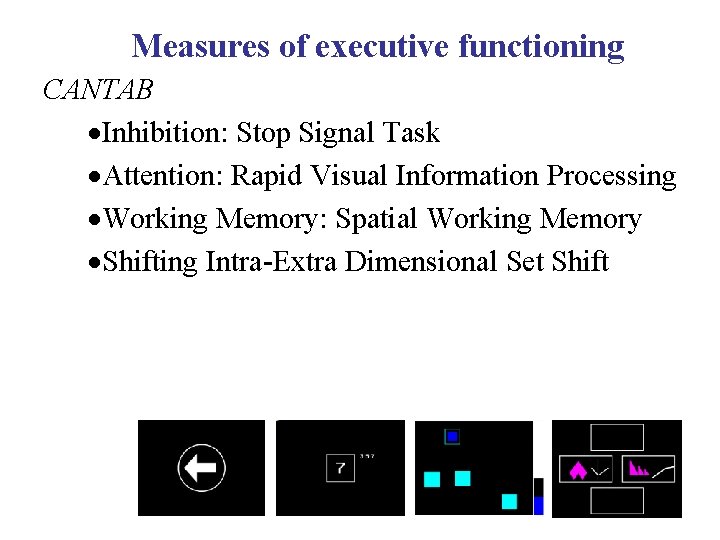 Measures of executive functioning CANTAB Inhibition: Stop Signal Task Attention: Rapid Visual Information Processing