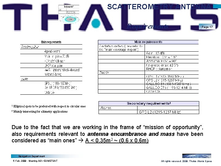 SCATTEROMETRY ANTENNA Requirements 1 Elliptical spots to be preferred with respect to circular ones