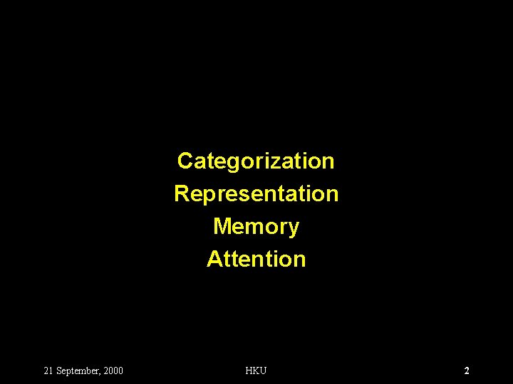 Categorization Representation Memory Attention 21 September, 2000 HKU 2 