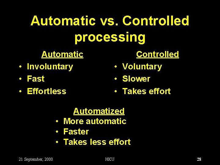 Automatic vs. Controlled processing Automatic • Involuntary • Fast • Effortless Controlled • Voluntary