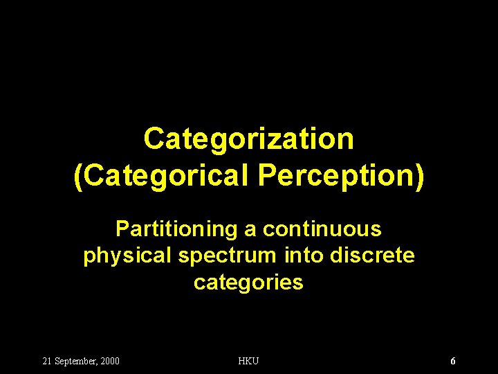 Categorization (Categorical Perception) Partitioning a continuous physical spectrum into discrete categories 21 September, 2000