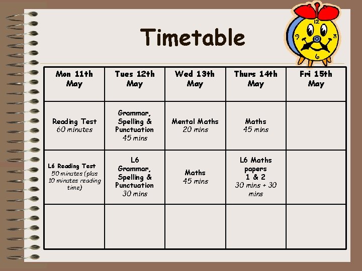 Timetable Mon 11 th May Tues 12 th May Wed 13 th May Thurs