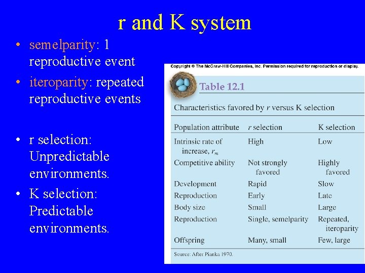 r and K system • semelparity: 1 reproductive event • iteroparity: repeated reproductive events