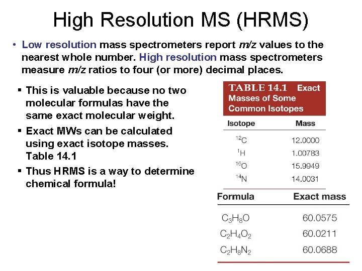 High Resolution MS (HRMS) • Low resolution mass spectrometers report m/z values to the