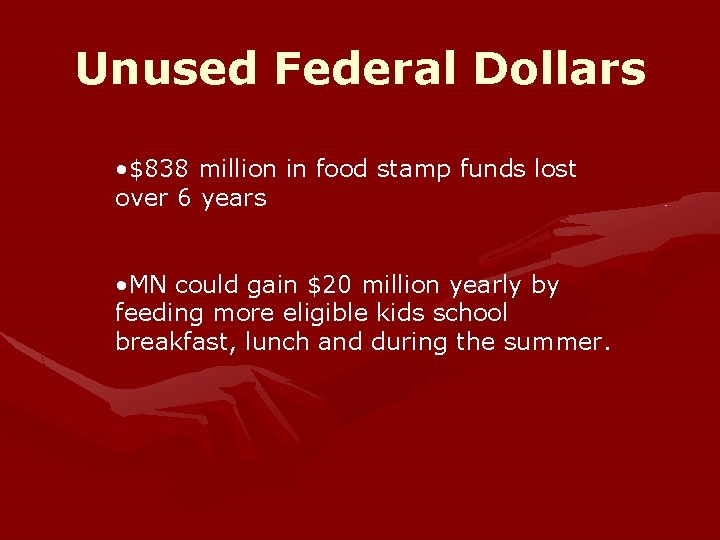 Unused Federal Dollars • $838 million in food stamp funds lost over 6 years