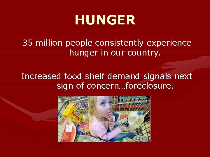 HUNGER 35 million people consistently experience hunger in our country. Increased food shelf demand
