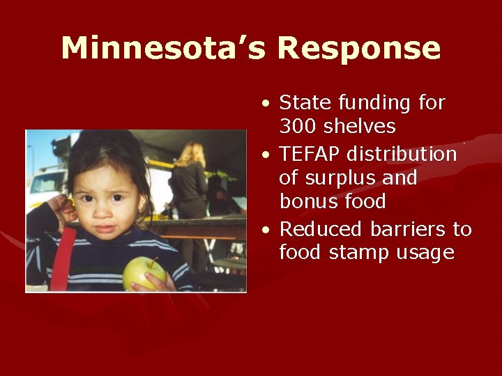 Minnesota’s Response • State funding for 300 shelves • TEFAP distribution of surplus and