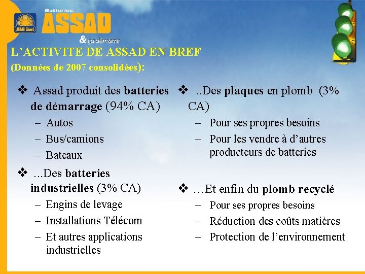 L’ACTIVITE DE ASSAD EN BREF (Données de 2007 consolidées): v Assad produit des batteries