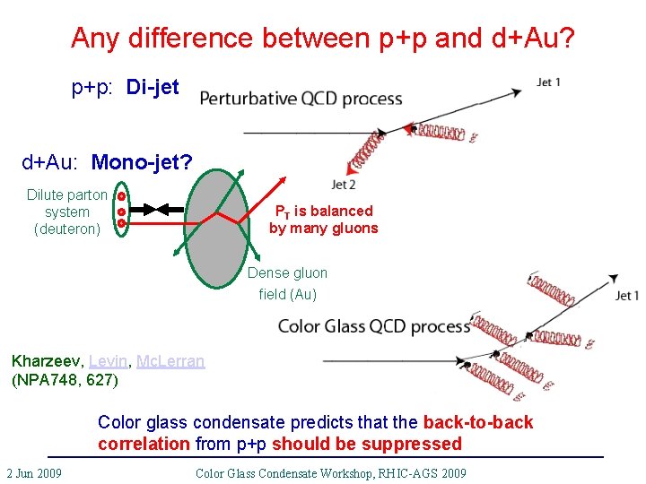 Any difference between p+p and d+Au? p+p: Di-jet d+Au: Mono-jet? Dilute parton system (deuteron)