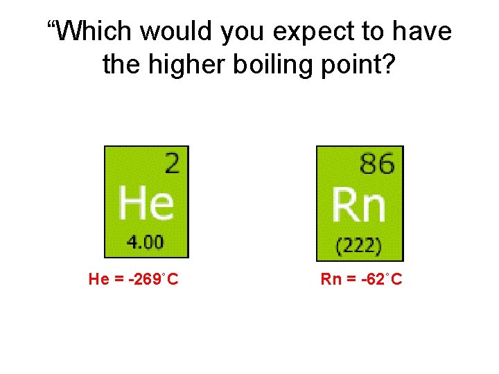 “Which would you expect to have the higher boiling point? He = -269˚C Rn