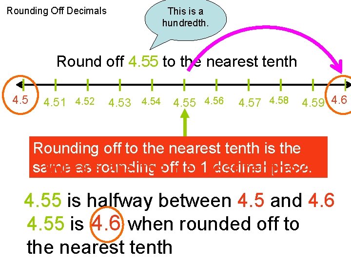 Rounding Off Decimals This is a hundredth. Round off 4. 55 to the nearest