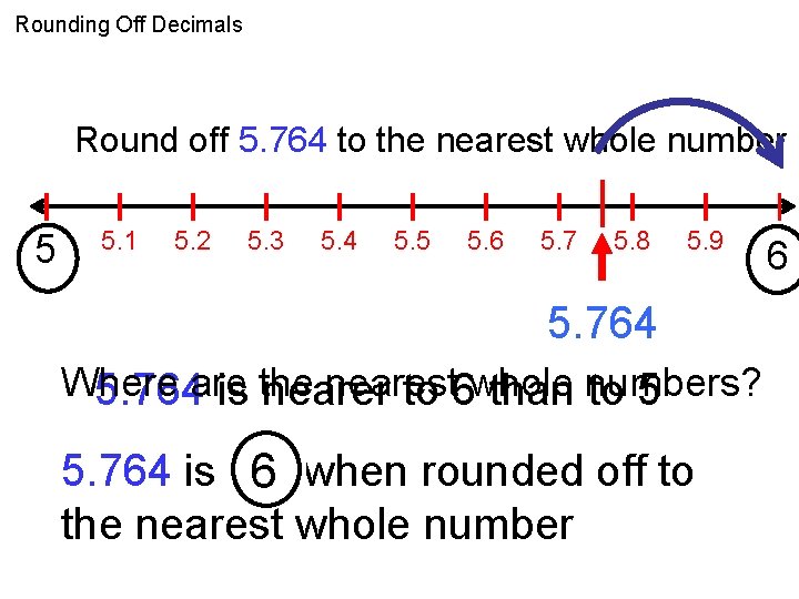 Rounding Off Decimals Round off 5. 764 to the nearest whole number 5 5.