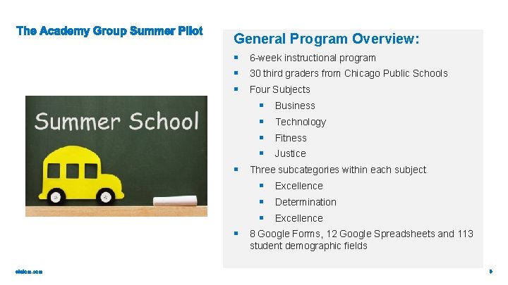 General Program Overview: § 6 -week instructional program § 30 third graders from Chicago