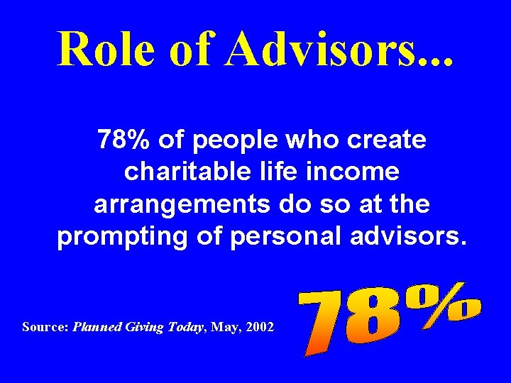 Role of Advisors. . . 78% of people who create charitable life income arrangements