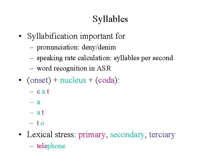 Syllables • Syllabification important for – pronunciation: deny/denim – speaking rate calculation: syllables per