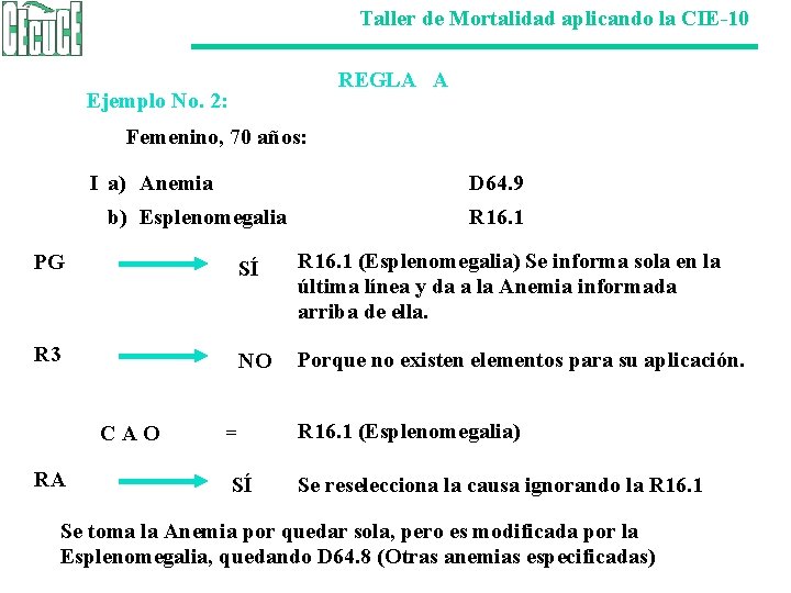 Taller de Mortalidad aplicando la CIE-10 REGLA A Ejemplo No. 2: Femenino, 70 años: