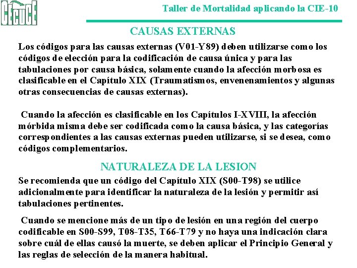 Taller de Mortalidad aplicando la CIE-10 CAUSAS EXTERNAS Los códigos para las causas externas