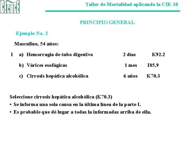 Taller de Mortalidad aplicando la CIE-10 PRINCIPIO GENERAL Ejemplo No. 2 Masculino, 54 años: