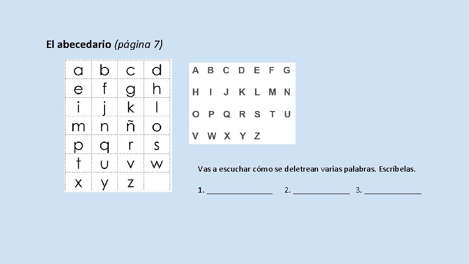 El abecedario (página 7) Vas a escuchar cómo se deletrean varias palabras. Escríbelas. 1.