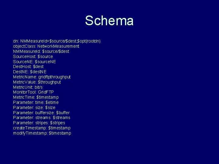 Schema dn: NMMeasure. Id=$source/$dest, $opt{rootdn} object. Class: Network. Measurement NMMeasure. Id: $source/$dest Source. Host: