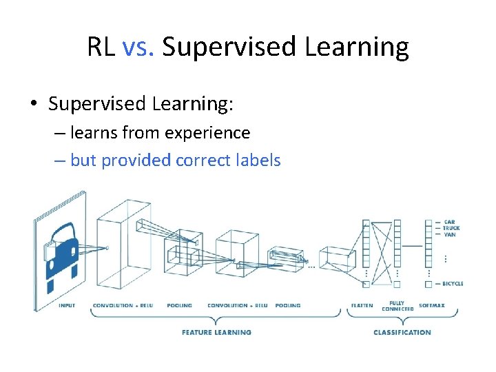 RL vs. Supervised Learning • Supervised Learning: – learns from experience – but provided
