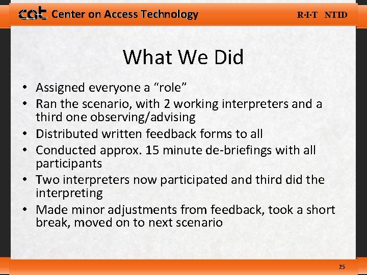 Center on Access Technology R∙I∙T NTID What We Did • Assigned everyone a “role”