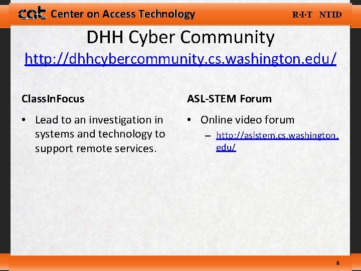 Center on Access Technology R∙I∙T NTID DHH Cyber Community http: //dhhcybercommunity. cs. washington. edu/