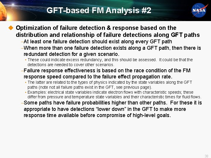 GFT-based FM Analysis #2 u Optimization of failure detection & response based on the