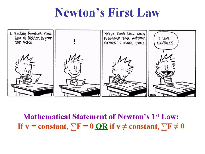 Newton’s First Law Mathematical Statement of Newton’s 1 st Law: If v = constant,