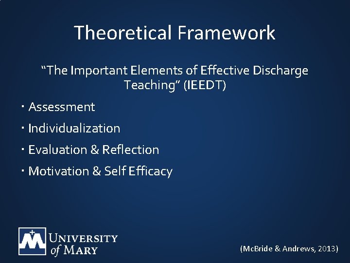 Theoretical Framework “The Important Elements of Effective Discharge Teaching” (IEEDT) Assessment Individualization Evaluation &