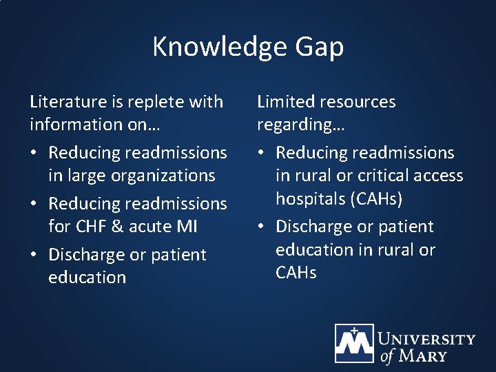 Knowledge Gap Literature is replete with information on… • Reducing readmissions in large organizations Knowledge Gap Literature is replete with information on… • Reducing readmissions in large organizations