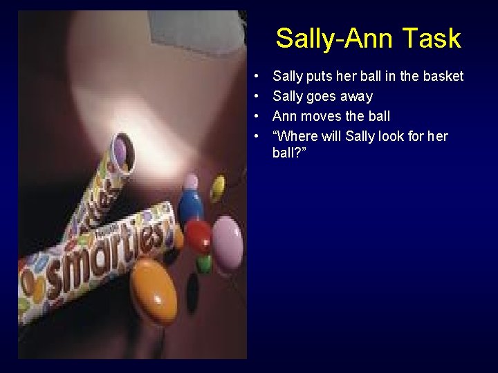 Sally-Ann Task • • Sally puts her ball in the basket Sally goes away