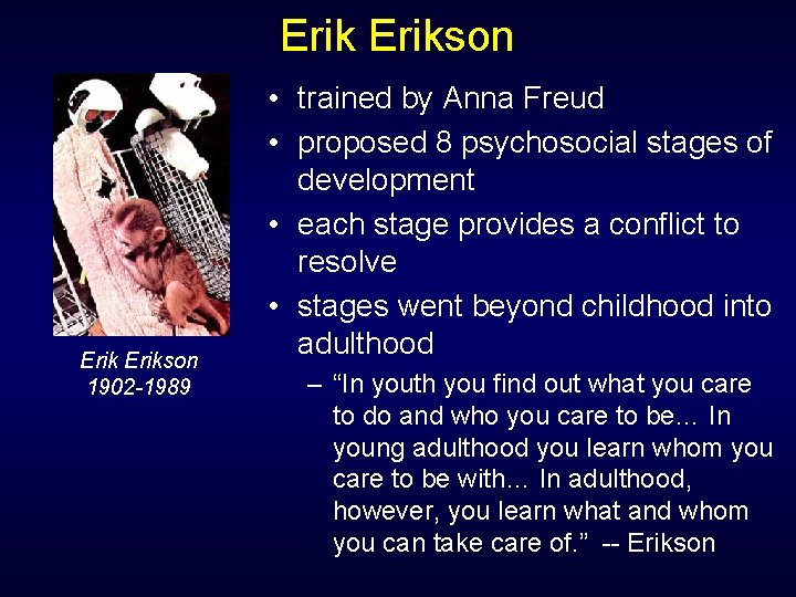 Erikson 1902 -1989 • trained by Anna Freud • proposed 8 psychosocial stages of