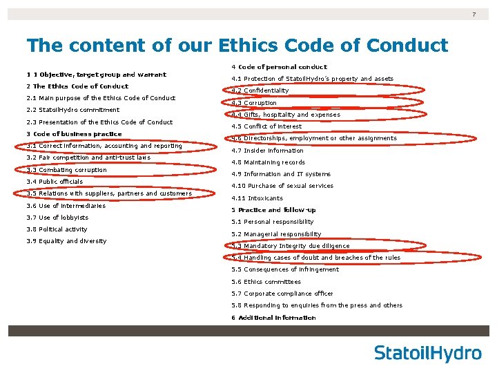 7 The content of our Ethics Code of Conduct 1 1 Objective, target group 7 The content of our Ethics Code of Conduct 1 1 Objective, target group