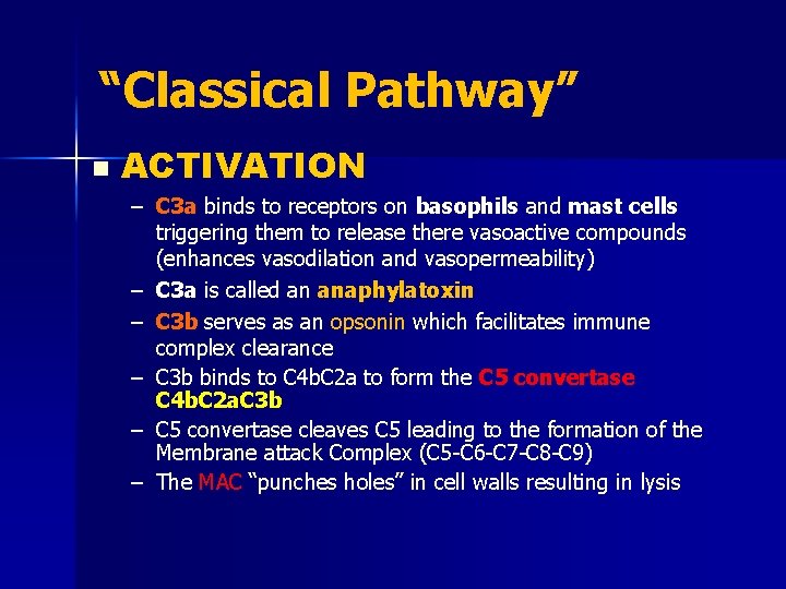 “Classical Pathway” n ACTIVATION – C 3 a binds to receptors on basophils and