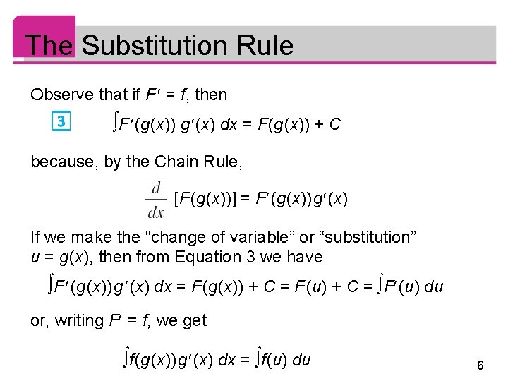 The Substitution Rule Observe that if F = f, then F (g (x)) g