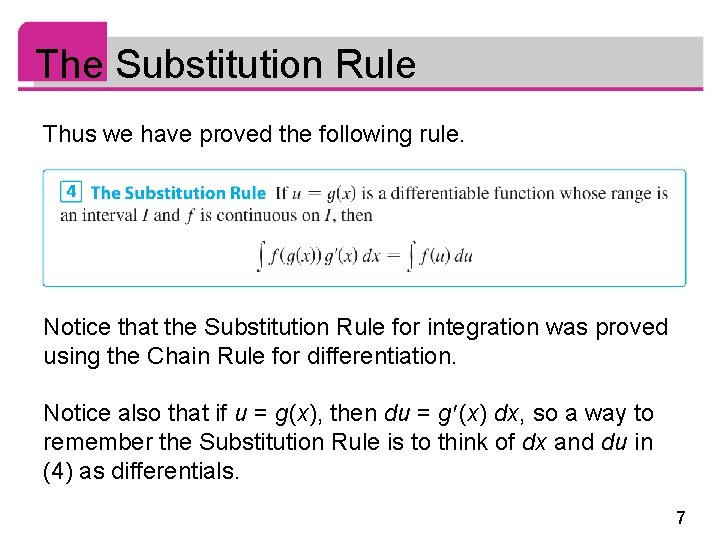 The Substitution Rule Thus we have proved the following rule. Notice that the Substitution