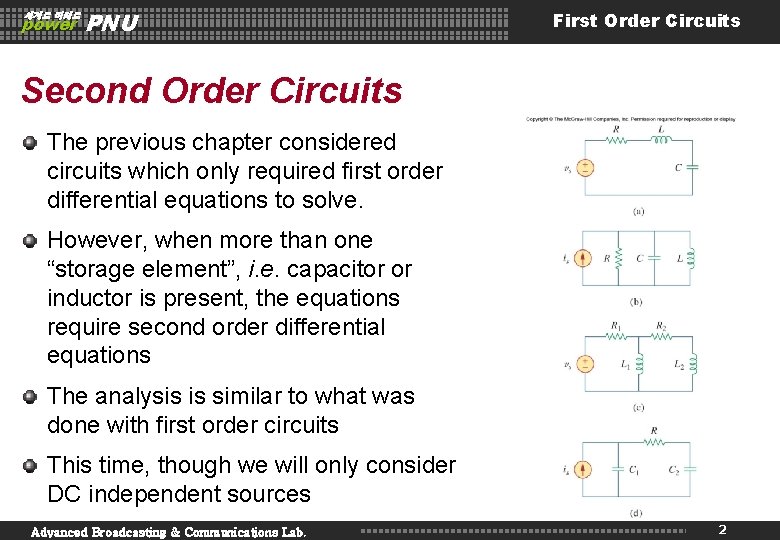 세계로 미래로 power PNU First Order Circuits Second Order Circuits The previous chapter considered