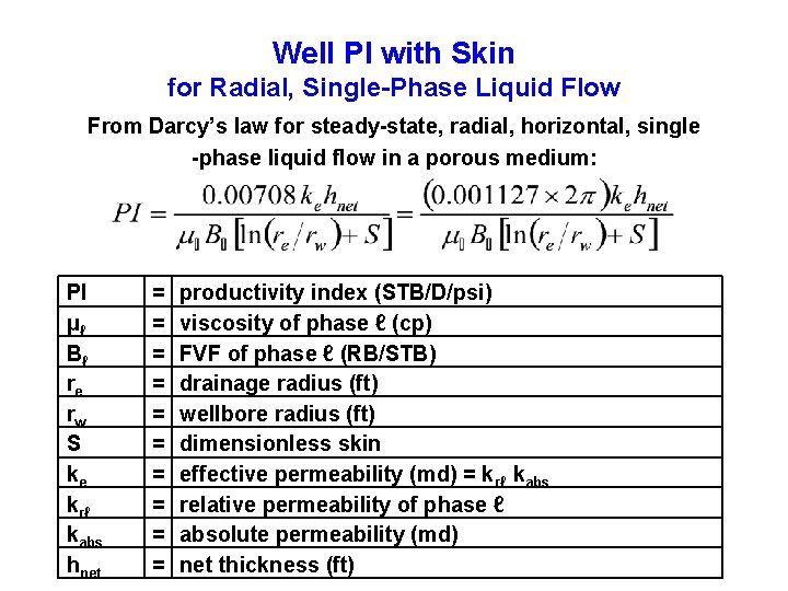 Well PI with Skin for Radial, Single-Phase Liquid Flow From Darcy’s law for steady-state,