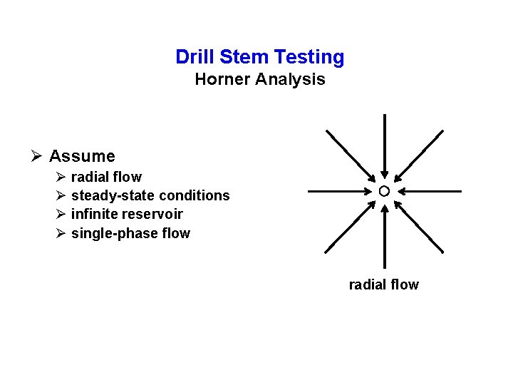 Drill Stem Testing Horner Analysis Ø Assume Ø Ø radial flow steady-state conditions infinite