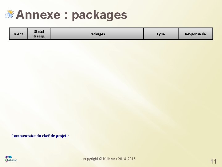 Annexe : packages Ident Statut & resp. Packages Type Responsable Commentaire du chef de