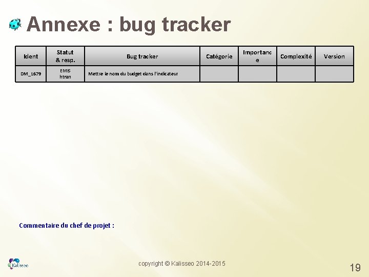 Annexe : bug tracker Ident Statut & resp. DM_1679 EMIS htran Bug tracker Catégorie