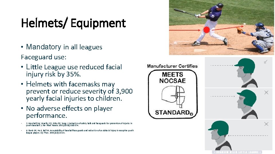 Helmets/ Equipment • Mandatory in all leagues Faceguard use: • Little League use reduced