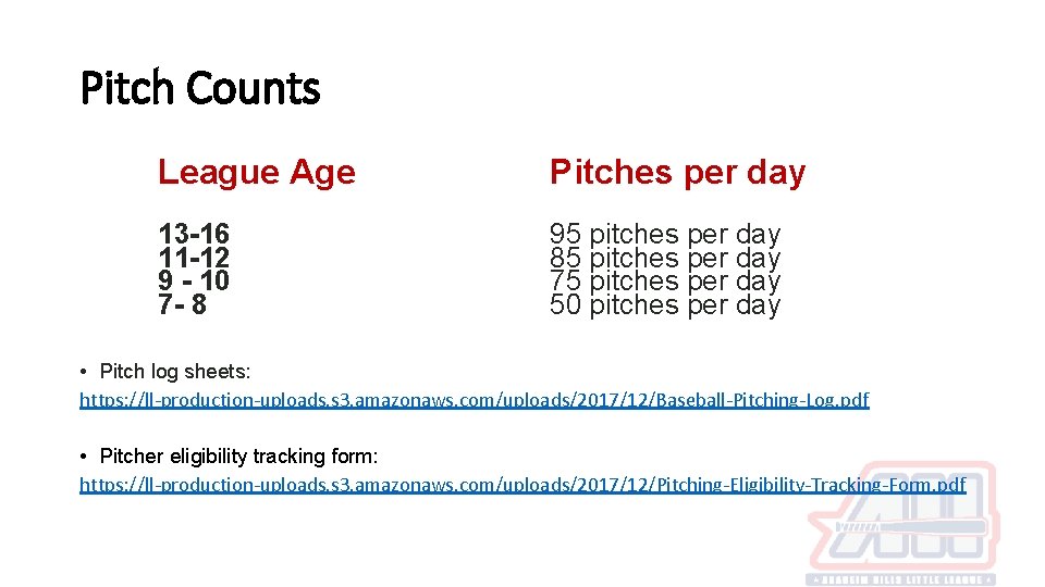 Pitch Counts League Age Pitches per day 13 -16 11 -12 9 - 10