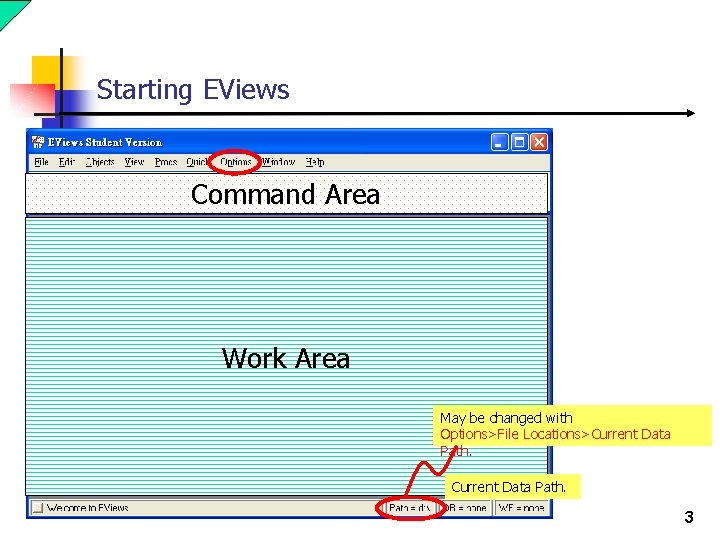 Starting EViews Command Area Work Area May be changed with Options>File Locations>Current Data Path.