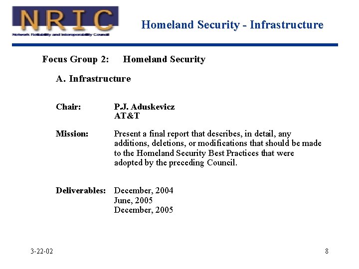 Homeland Security - Infrastructure Focus Group 2: Homeland Security A. Infrastructure Chair: P. J.