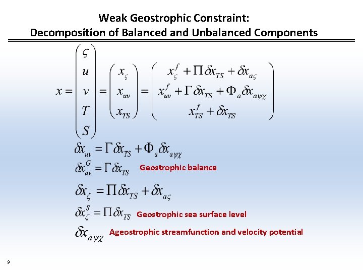 Weak Geostrophic Constraint: Decomposition of Balanced and Unbalanced Components Geostrophic balance Geostrophic sea surface