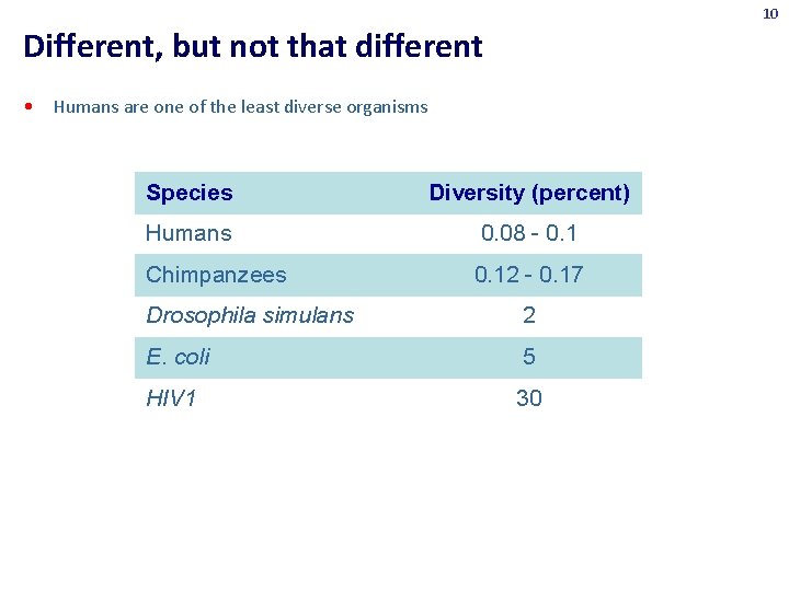 10 Different, but not that different • Humans are one of the least diverse