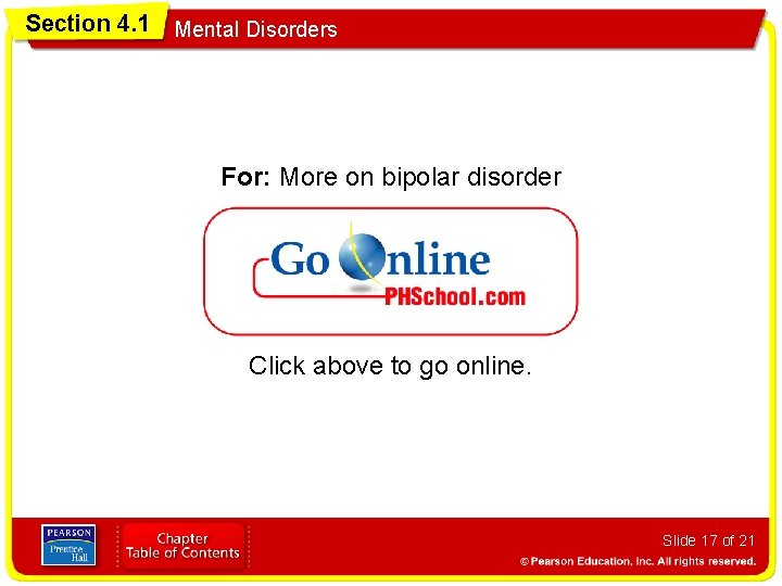 Section 4. 1 Mental Disorders For: More on bipolar disorder Click above to go