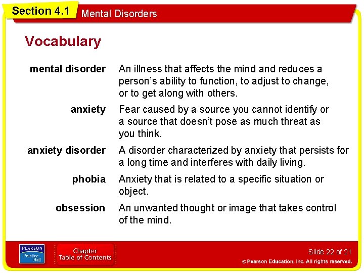 Section 4. 1 Mental Disorders Vocabulary mental disorder An illness that affects the mind